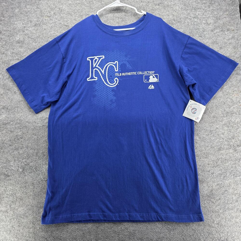 Majestic Shirt Mens XLT Blue Short Sleeve Crewneck Tagless KC MLB Logo